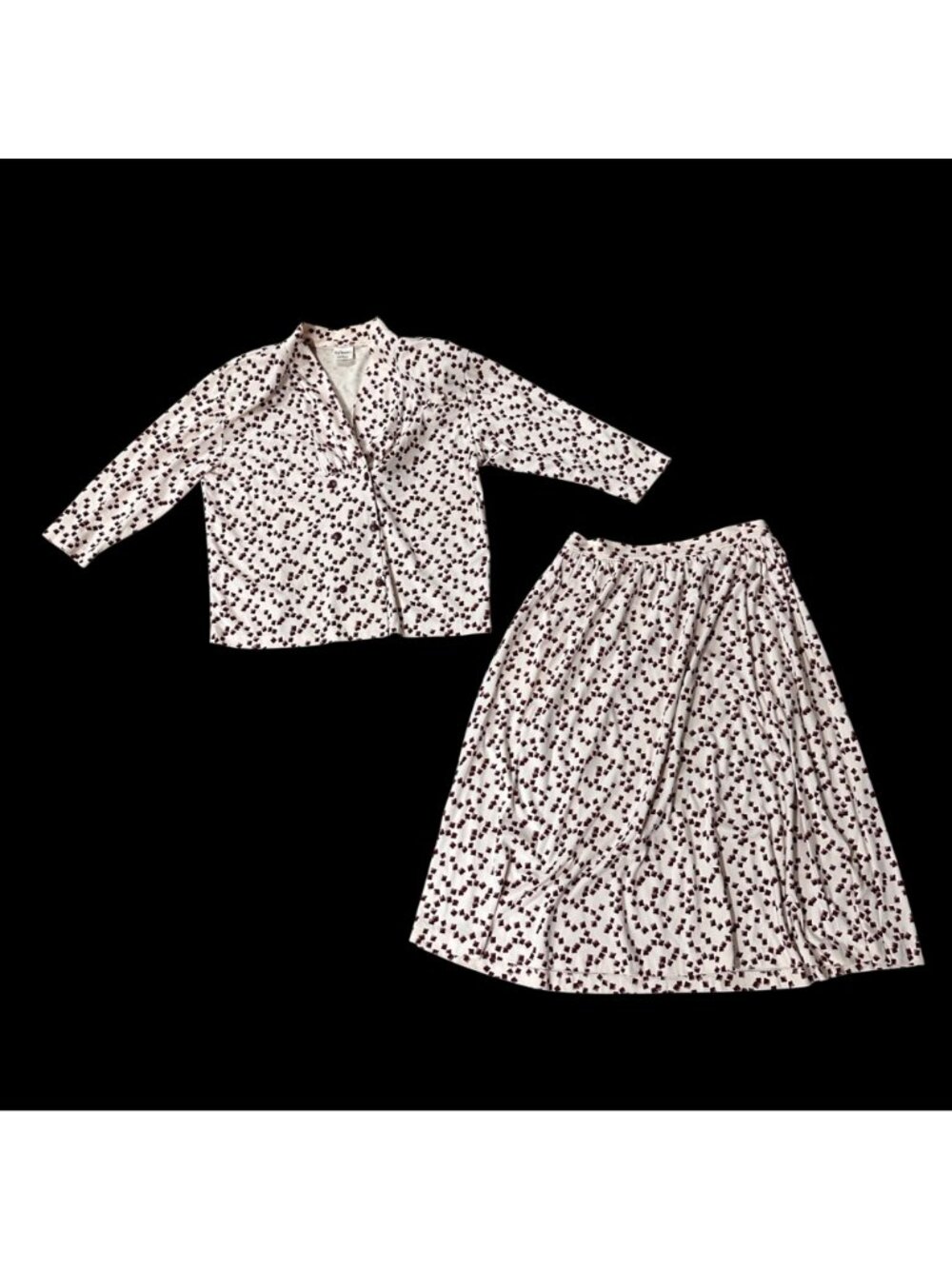 Vintage Skirt Top Set Size Large Cream Burgundy Geometric 1980s Shoulder Pads - Picture 2 of 10